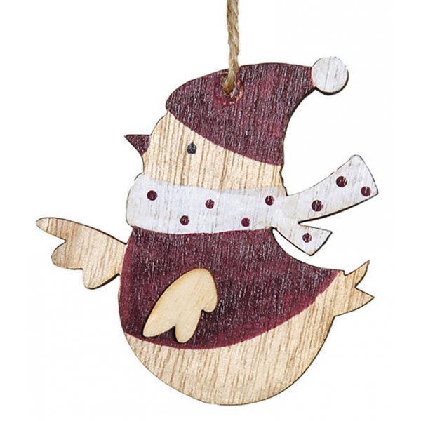 Χριστουγεννιάτικο Κρεμαστό Ξύλινο Πουλάκι, με Κασκόλ και Σκούφο - Σχέδιο 2 (7cm)